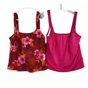 Lands End Tankini Swimsuit Tops Lot Of 2 Size 14 Pink Floral Swim Beach Vacation